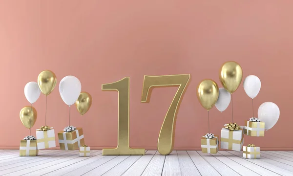 Αριθμός 17 σύνθεση πάρτι γενεθλίων με μπαλόνια και κουτιά δώρων. 3D rendering — Φωτογραφία Αρχείου