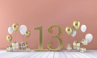 Number 13 birthday party composition with balloons and gift boxes. 3D Rendering clipart