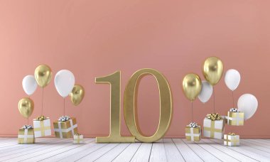 Balonlar ve hediye kutuları 10 doğum günü partisi kompozisyonu numara. 3D render