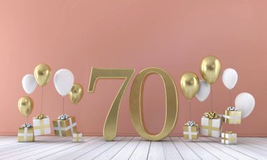 Balonlar ve hediye kutuları 70 doğum günü partisi kompozisyonu numara. 3D render