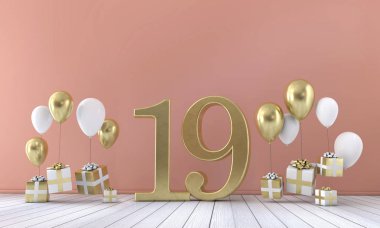 Balonlar ve hediye kutuları 19 doğum günü partisi kompozisyonu numara. 3D render