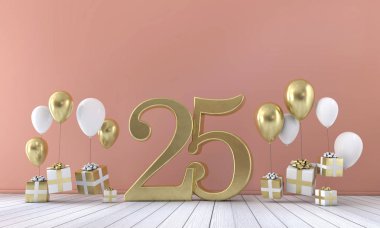 Balonlar ve hediye kutuları 25 doğum günü partisi kompozisyonu numara. 3D render