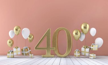 Balonlar ve hediye kutuları 40 doğum günü partisi kompozisyonu numara. 3D render