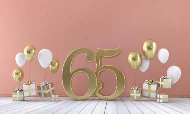 Balonlar ve hediye kutuları 65 doğum günü partisi kompozisyonu numara. 3D render