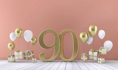 Number 90 birthday party composition with balloons and gift boxes. 3D Rendering clipart
