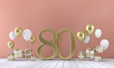 Balonlar ve hediye kutuları 80 doğum günü partisi kompozisyonu numara. 3D render