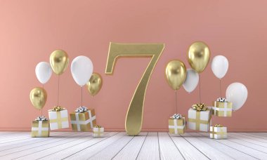 Balonlar ve hediye kutuları 7 doğum günü partisi kompozisyonu numara. 3D render