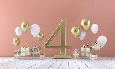 Balonlar ve hediye kutuları 4 doğum günü partisi kompozisyonu numara. 3D render