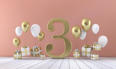Balonlar ve hediye kutuları 3 doğum günü partisi kompozisyonu numara. 3D render