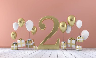 Balonlar ve hediye kutuları 2 doğum günü partisi kompozisyonu numara. 3D render