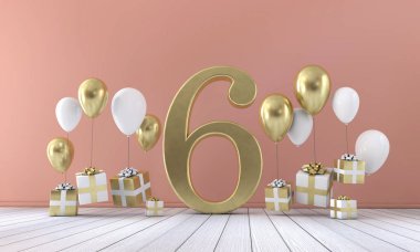 6 doğum günü partisi kompozisyon balonlar ve hediye kutuları ile numara. 3D render