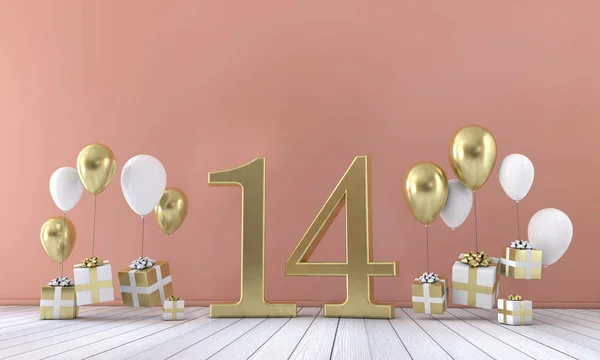 No 14 композиція вечірки на день народження з повітряними кулями та подарунковими коробками. 3D рендерингу — стокове фото