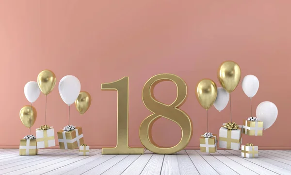 Αριθμός 18 σύνθεση πάρτι γενεθλίων με μπαλόνια και κουτιά δώρων. 3D rendering — Φωτογραφία Αρχείου