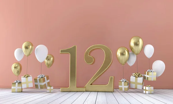 Číslo 12 narozeniny stran složení s balónky a dárkové boxy. 3D vykreslování — Stock fotografie