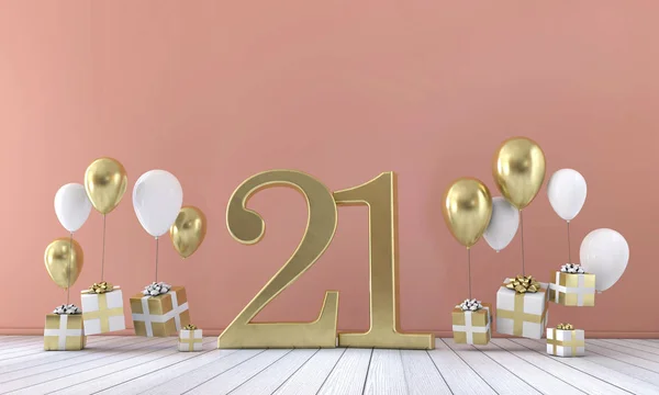 Composizione della festa di compleanno numero 21 con palloncini e scatole regalo. Rendering 3D — Foto Stock