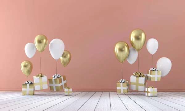 Večírek oslava složení s balónky a dárkové boxy. 3D vykreslování — Stock fotografie
