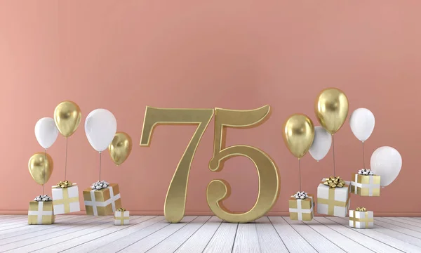 Nummer 75 Geburtstagsfeier Komposition mit Luftballons und Geschenkschachteln. 3D-Darstellung — Stockfoto