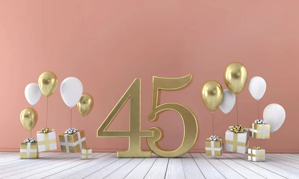 Αριθμός 45 σύνθεση πάρτι γενεθλίων με μπαλόνια και κουτιά δώρων. 3D rendering — Φωτογραφία Αρχείου
