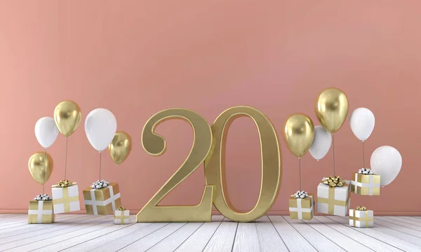 Číslo 20 narozenin stran složení s balónky a dárkové boxy. 3D vykreslování — Stock fotografie