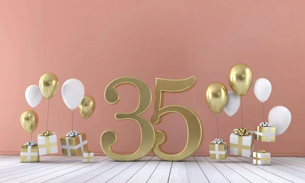 Composition de fête d'anniversaire numéro 35 avec ballons et boîtes-cadeaux. Rendu 3D — Photo