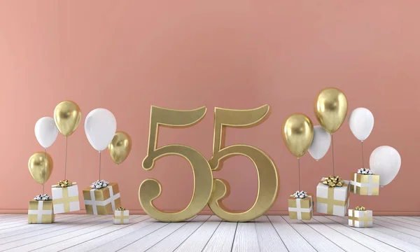 Composition de fête d'anniversaire numéro 55 avec ballons et boîtes-cadeaux. Rendu 3D — Photo
