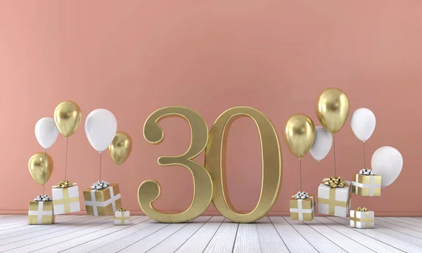 Číslo 30 narozenin stran složení s balónky a dárkové boxy. 3D vykreslování — Stock fotografie