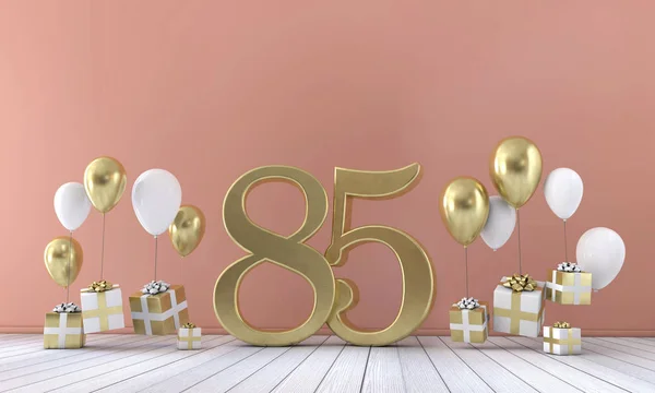 Nummer 85 Geburtstagsfeier Komposition mit Luftballons und Geschenkschachteln. 3D-Darstellung — Stockfoto
