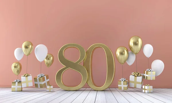 Αριθμός 80 σύνθεση πάρτι γενεθλίων με μπαλόνια και κουτιά δώρων. 3D rendering — Φωτογραφία Αρχείου