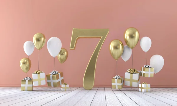 Αριθμό 7 σύνθεση πάρτι γενεθλίων με μπαλόνια και κουτιά δώρων. 3D rendering — Φωτογραφία Αρχείου