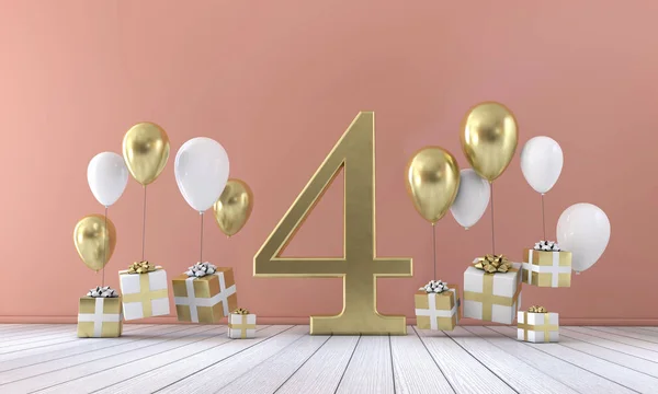 Nummer 4 Geburtstagsfeier Komposition mit Luftballons und Geschenkboxen. 3D-Darstellung — Stockfoto
