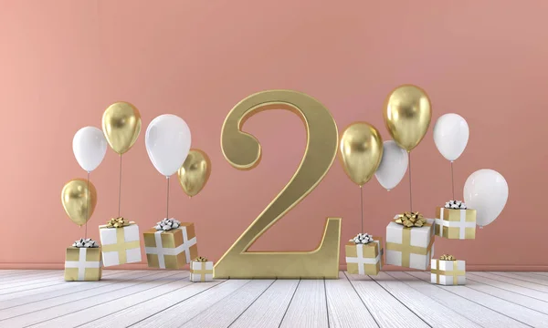 Szám 2 születésnapi party összetételét a léggömbök és díszdobozok. 3D-leképezés — Stock Fotó