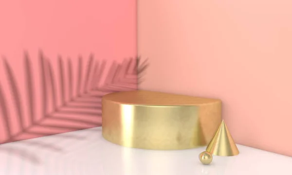 Resumen de la escena mínima del podio de oro maqueta con sombra de hoja de palma. Renderizado 3D —  Fotos de Stock