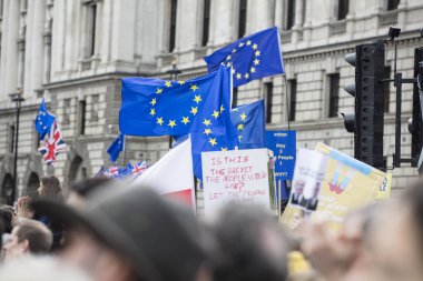 Londra, İngiltere - Mart 23 2019: Anti brexit destekçileri halklar oylamaya siyasi üzerinde Crowds Londra'da Mart