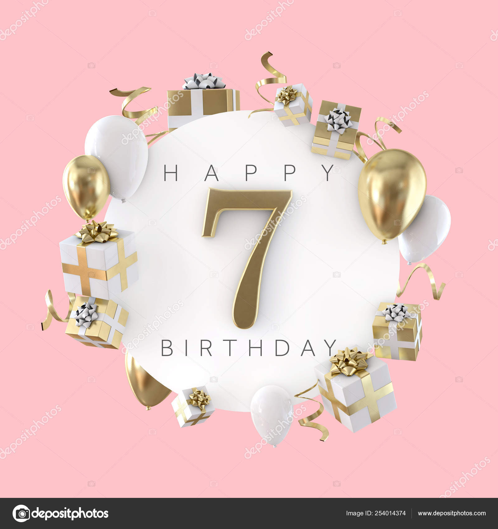 Happy 7th birthday party composition with balloons and presents. 3D