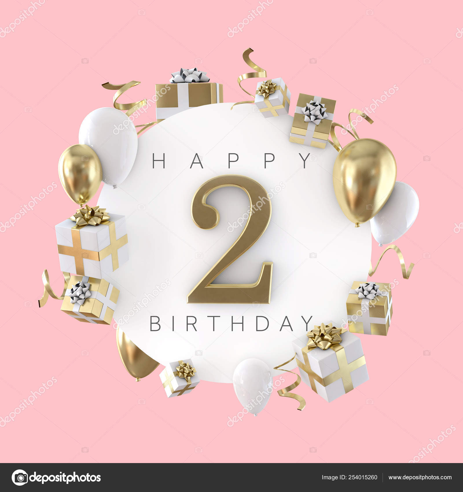 Feliz 2º cumpleaños composición fiesta con globos y regalos. Renderizado 3D  — Foto de stock #254015260 © InkDropCreative, image size:1600x1700