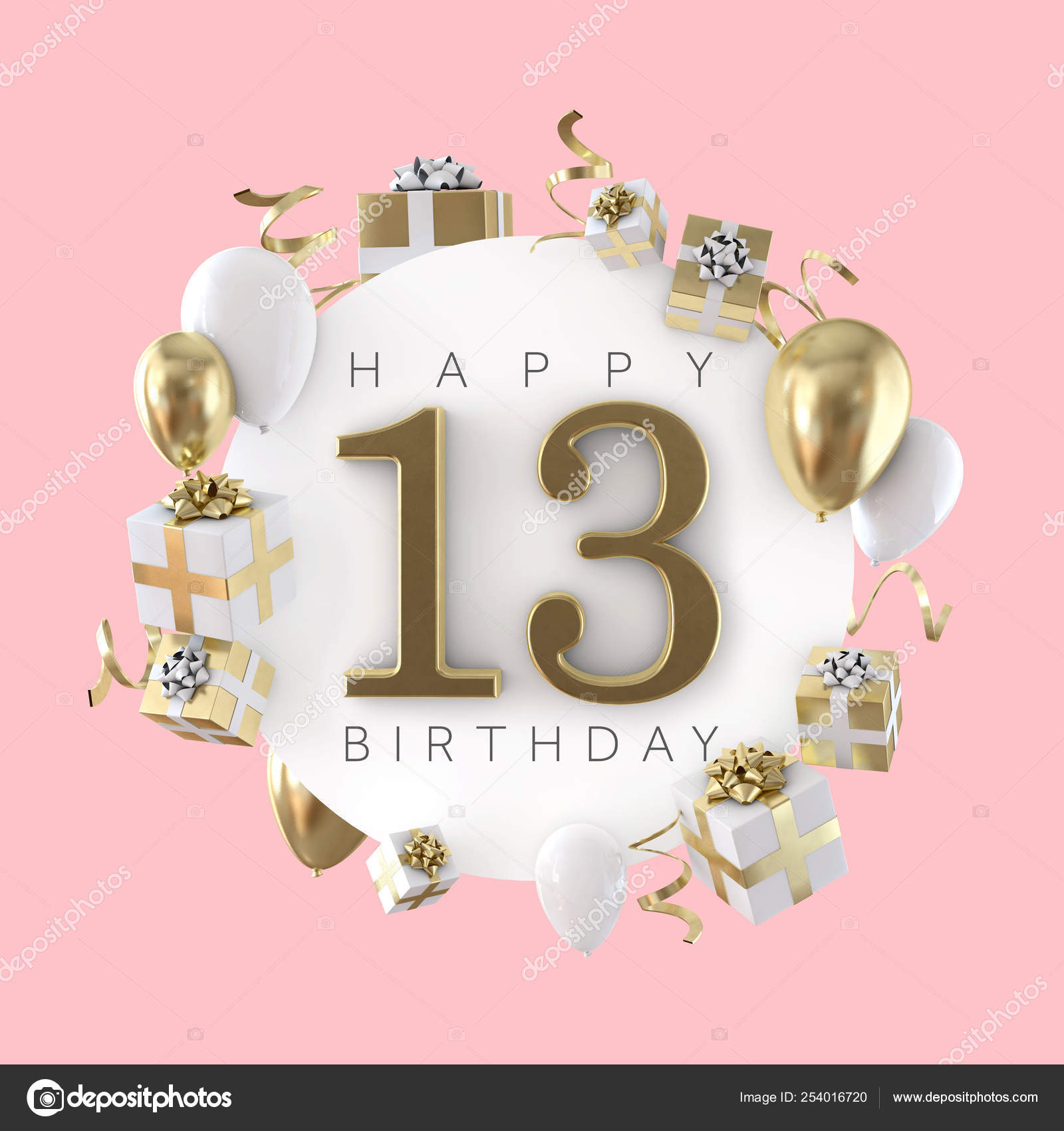 Happy 13th birthday party composition with balloons and presents. 3D Render Stock Photo by ©InkDropCreative 254016720