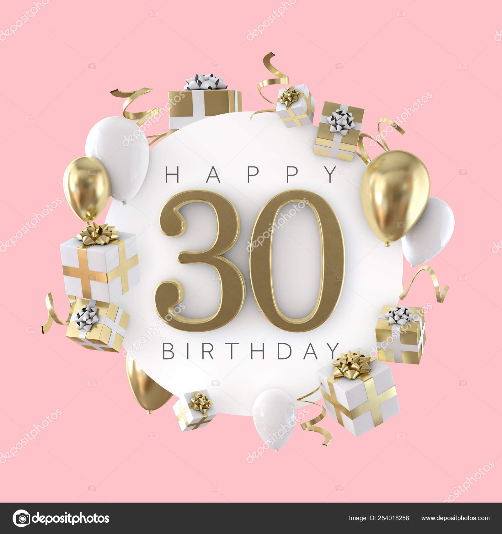 Happy 30th birthday party composition with balloons and presents. 3D Render  Stock Photo by ©InkDropCreative 254018258