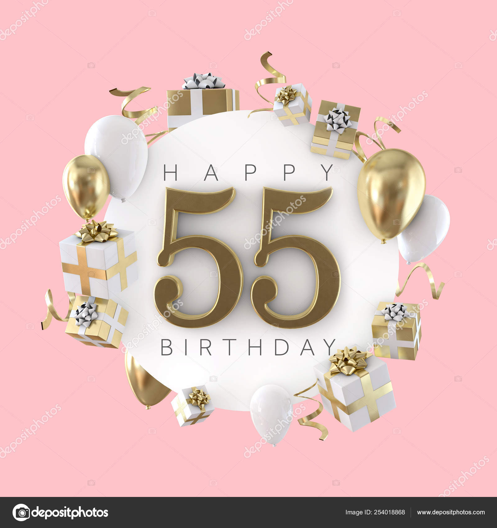 Happy 55th birthday party composition with balloons and presents. 3D ...