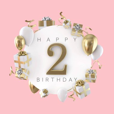 Mutlu 2nd birthday Parti balonları ve hediyeler ile kompozisyon. 3D render