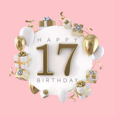 17 doğum günü partisi kompozisyon balonlar ve hediye ile mutlu. 3D render