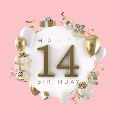 14 doğum günü partisi kompozisyon balonlar ve hediye ile mutlu. 3D render