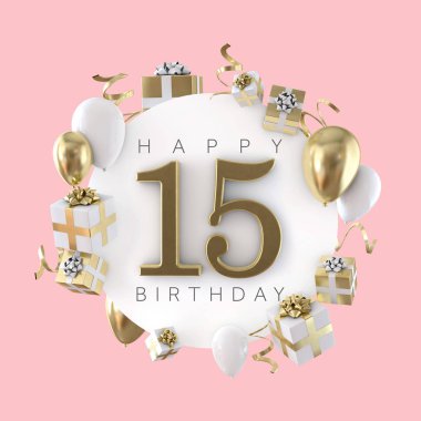 15 doğum günü partisi kompozisyon balonlar ve hediye ile mutlu. 3D render