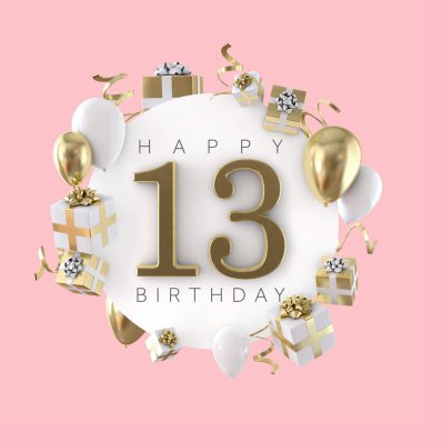 13. doğum Parti balonları ve hediyeler ile kompozisyon mutlu. 3D render