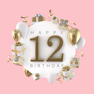 12 doğum günü partisi kompozisyon balonlar ve hediye ile mutlu. 3D render