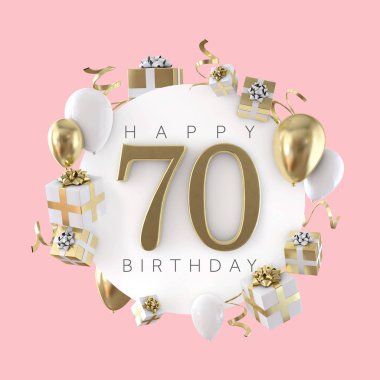70 doğum günü partisi kompozisyon balonlar ve hediye ile mutlu. 3D render