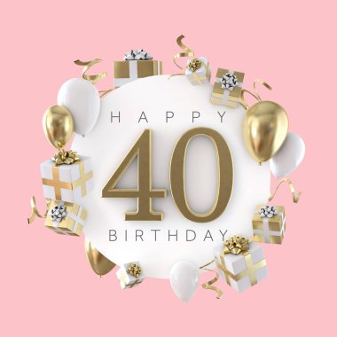 Happy 40th birthday party composition with balloons and presents. 3D Render clipart