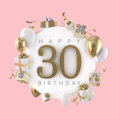 30. doğum günü parti balonları ve hediyeler ile kompozisyon mutlu. 3D render