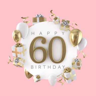 Happy 60th birthday party composition with balloons and presents. 3D Render clipart