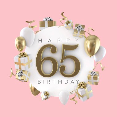 65 doğum günü partisi kompozisyon balonlar ve hediye ile mutlu. 3D render
