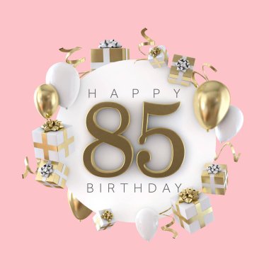 85 doğum günü partisi kompozisyon balonlar ve hediye ile mutlu. 3D render